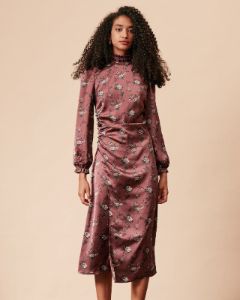 The Mock Neck Ruched Floral Satin Midi Dress sold by rihoas