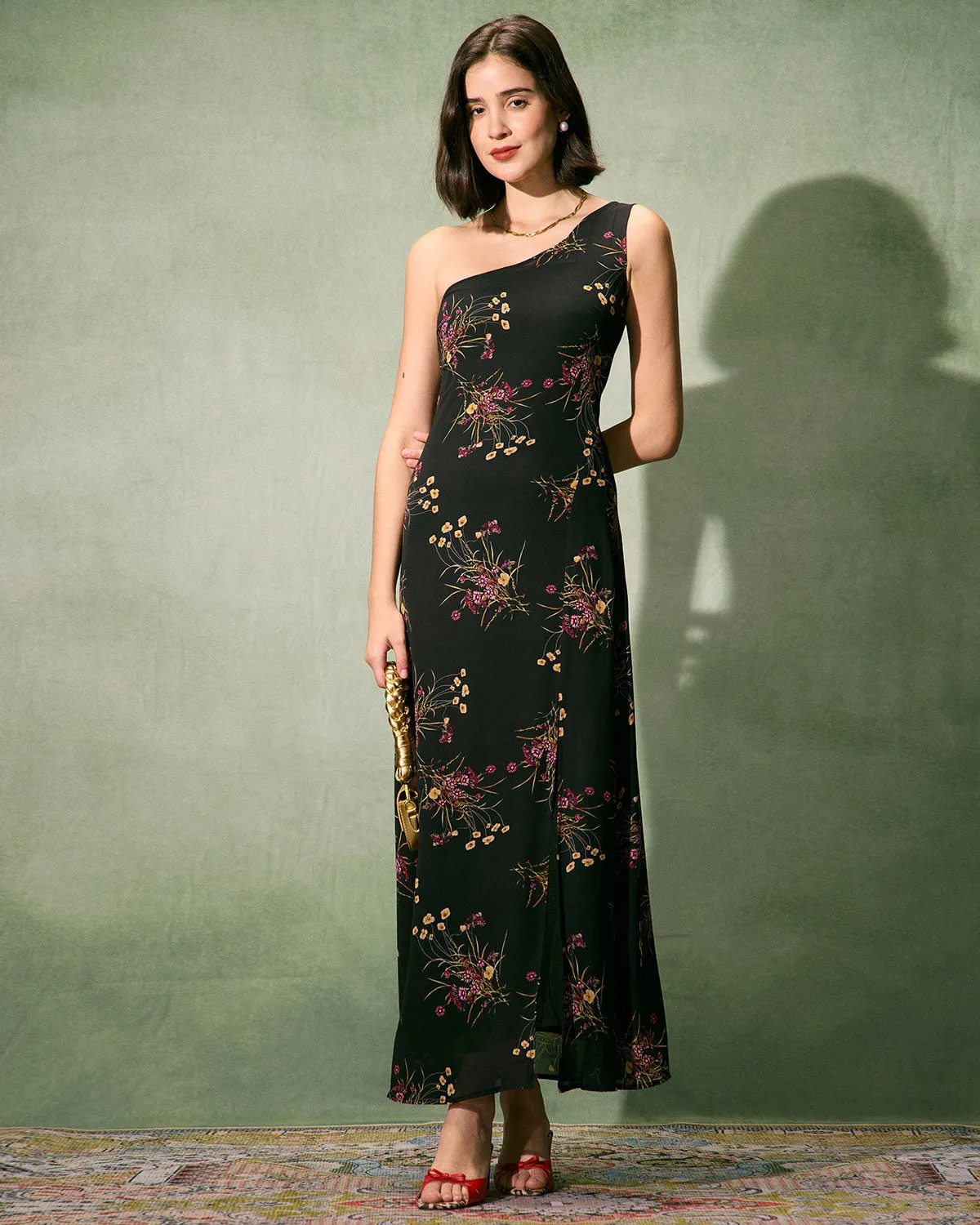 The Black One-Shoulder Floral Slit Maxi Dress sold by rihoas product image thumbnail 4