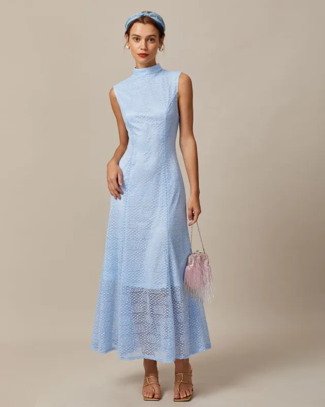 The Blue Mock Neck Lace Jacquard Maxi Dress sold by rihoas