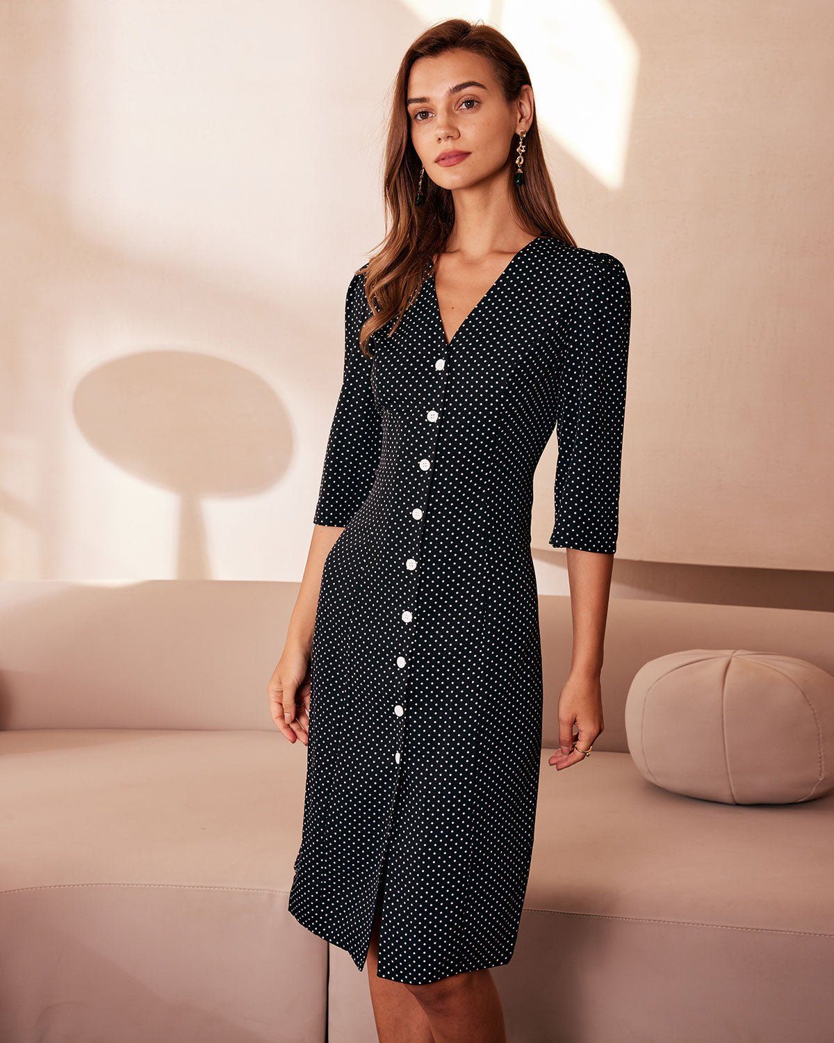 The Black V Neck Polka Dot Slit Midi Dress sold by rihoas