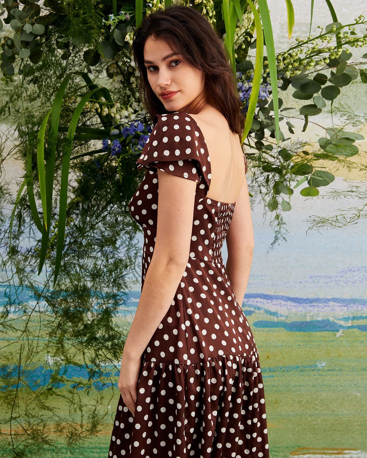 The Brown Polka Dot Ruched Tiered Maxi Dress sold by rihoas product image thumbnail 5
