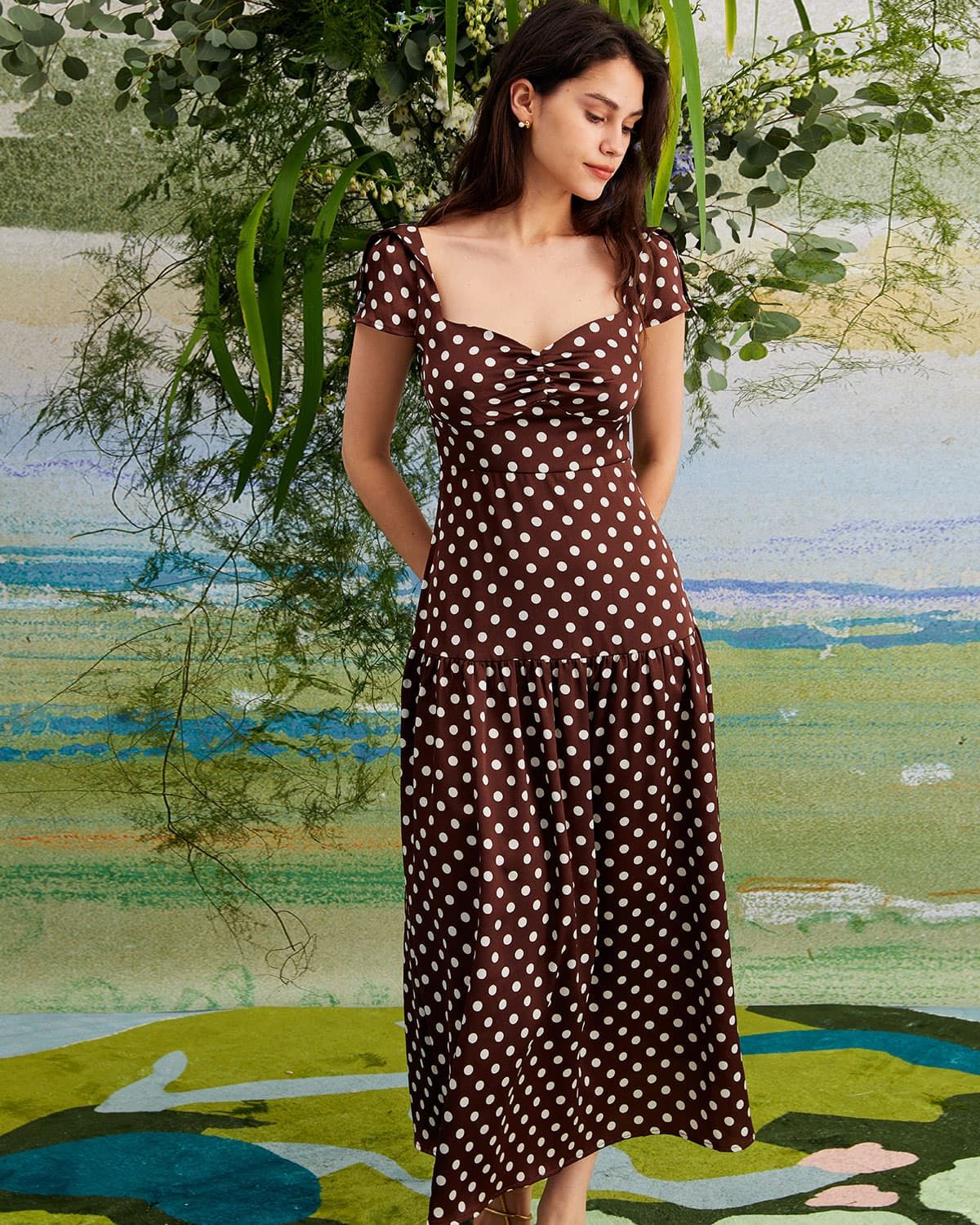 The Brown Polka Dot Ruched Tiered Maxi Dress sold by rihoas product image thumbnail 3