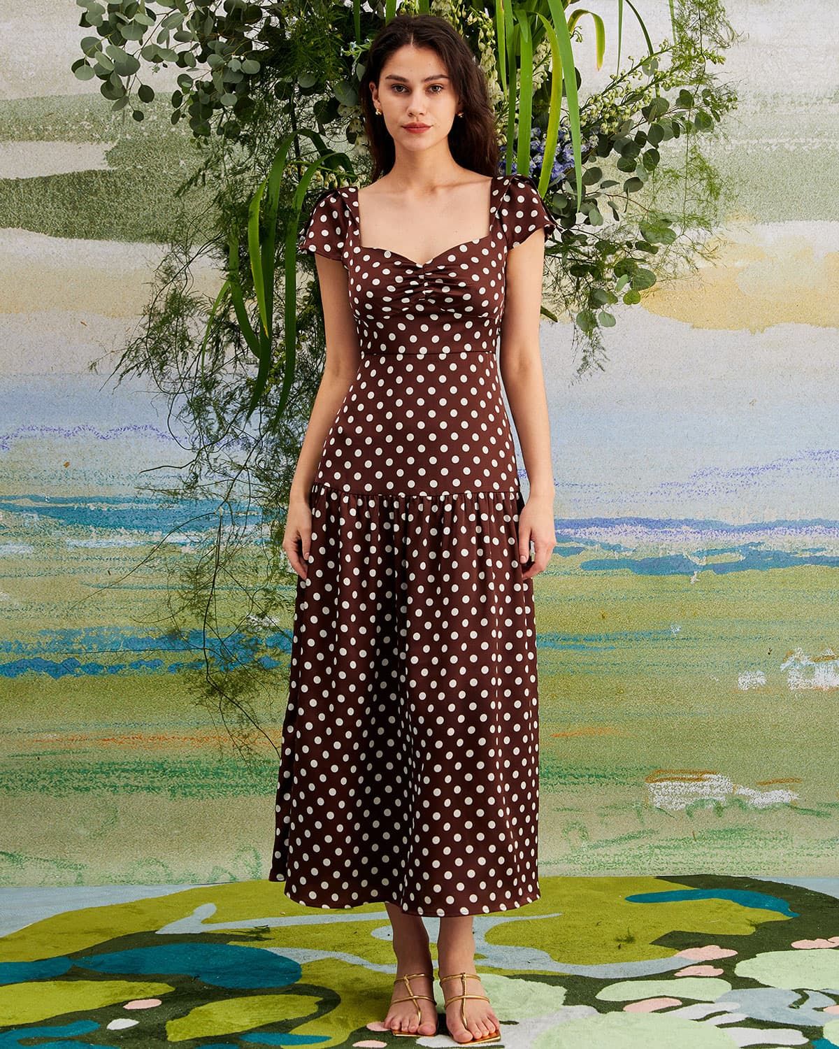 The Brown Polka Dot Ruched Tiered Maxi Dress sold by rihoas
