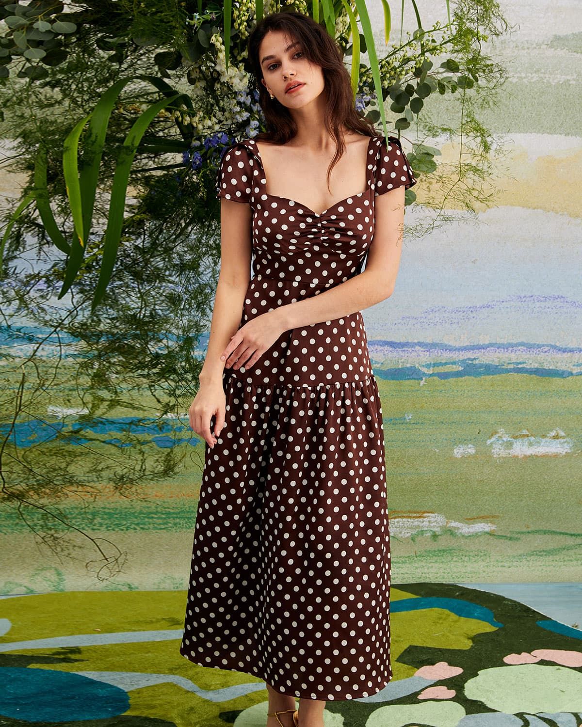 The Brown Polka Dot Ruched Tiered Maxi Dress sold by rihoas product image thumbnail 4