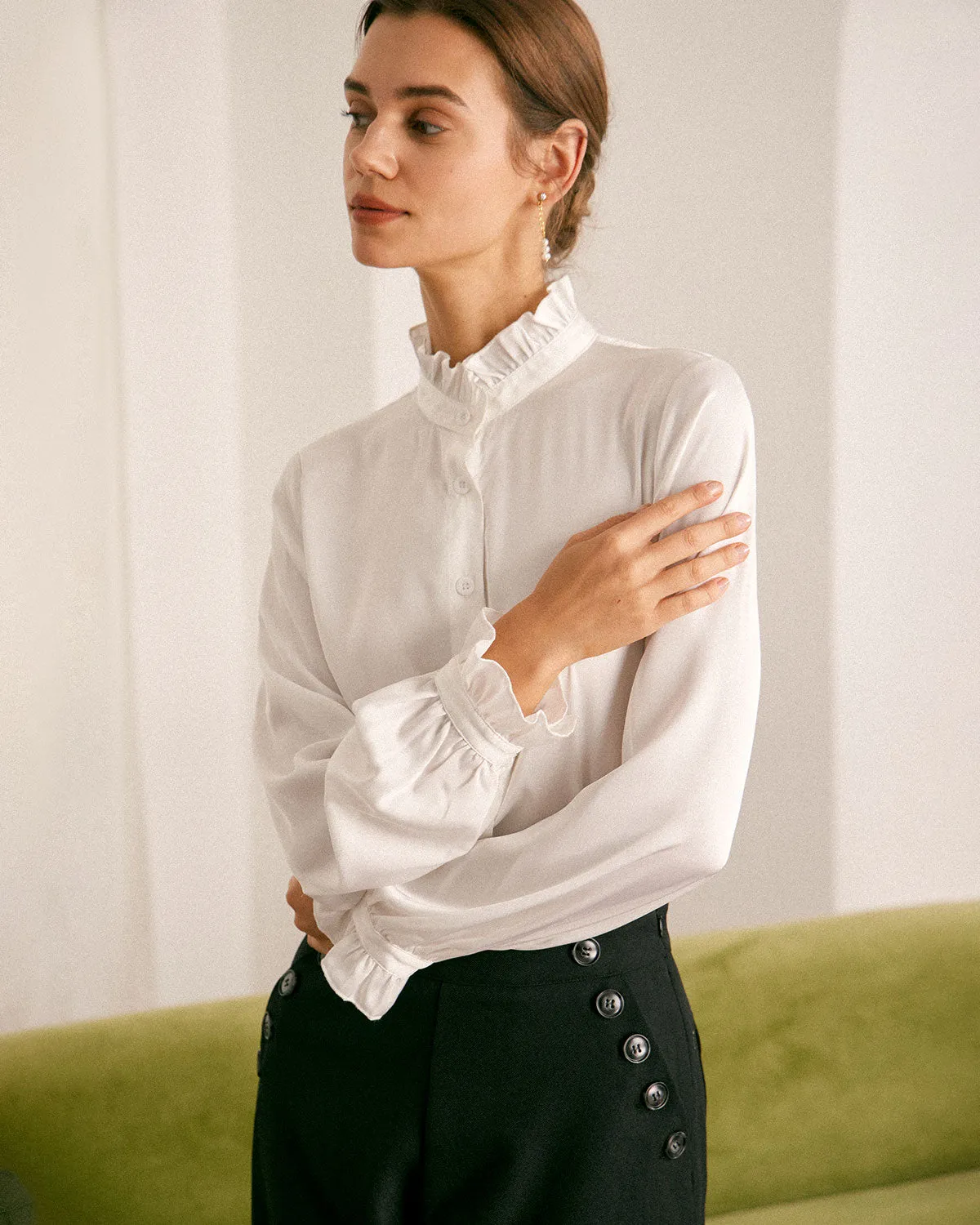 The White Mock Neck Ruffled Satin Shirt sold by rihoas product image thumbnail 3
