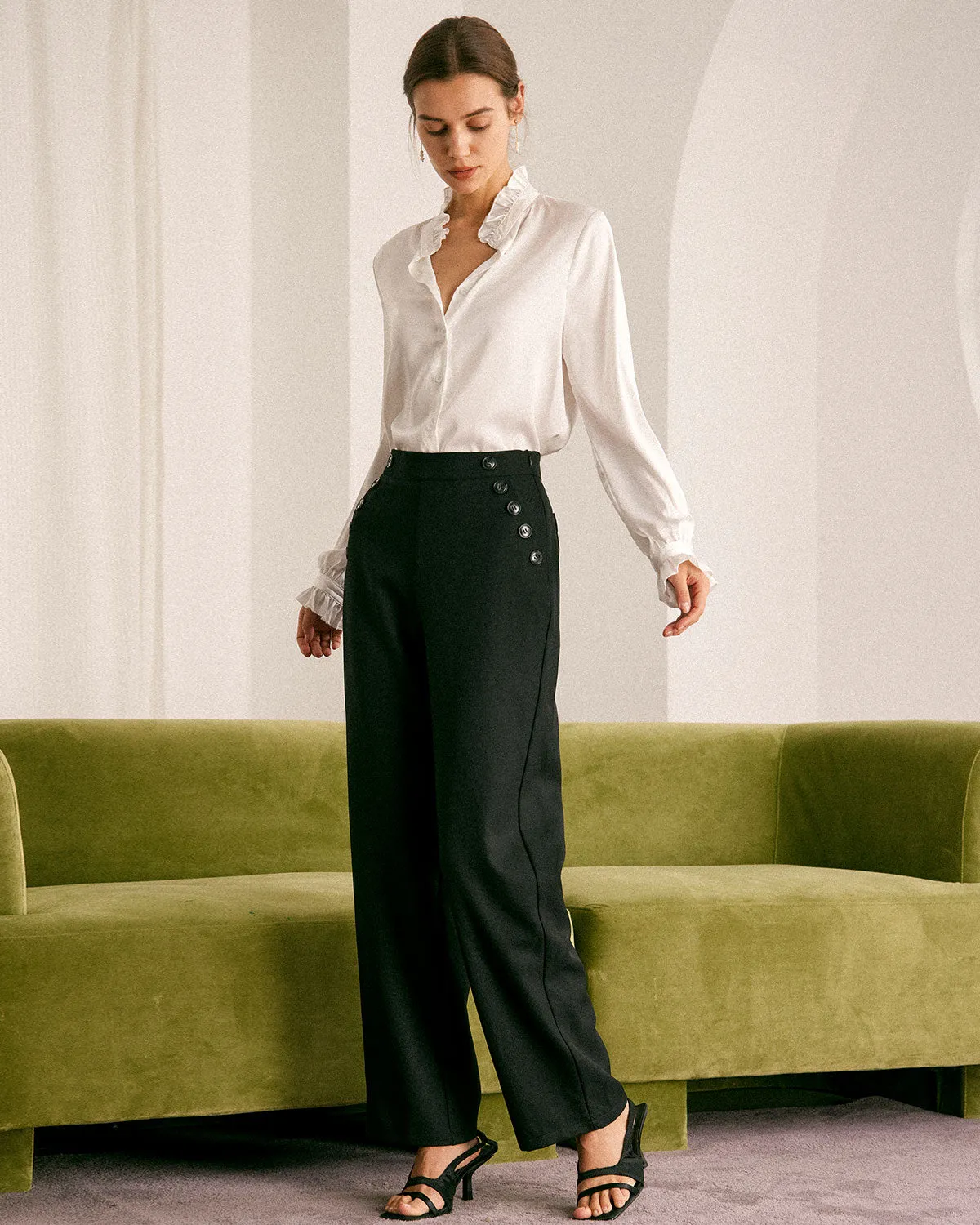 The White Mock Neck Ruffled Satin Shirt sold by rihoas product image thumbnail 4