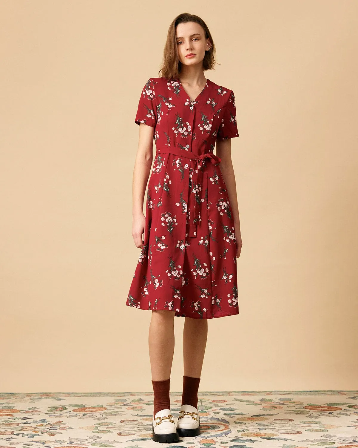 The V Neck Knotted Floral Midi Dress sold by rihoas product image thumbnail 4