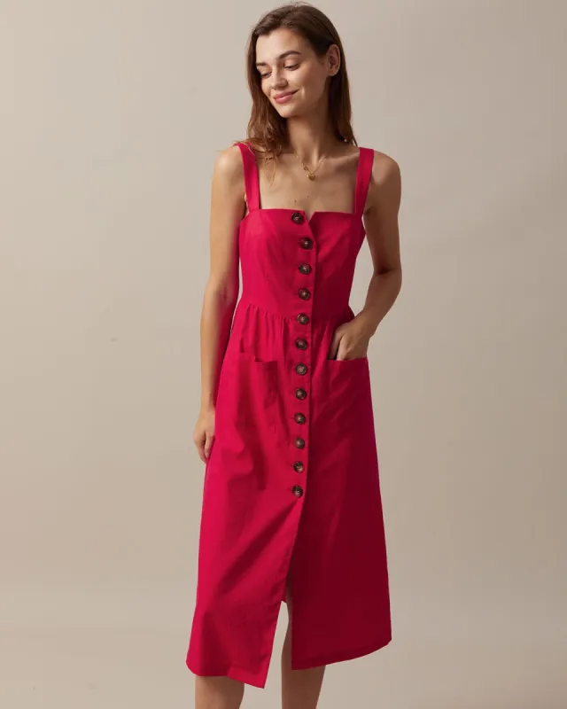 The Red Notch Neck Button-up Sling Midi Dress sold by rihoas