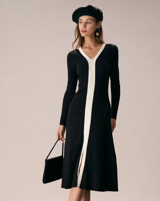 The Black V Neck Colorblock Trim Midi Dress sold by rihoas
