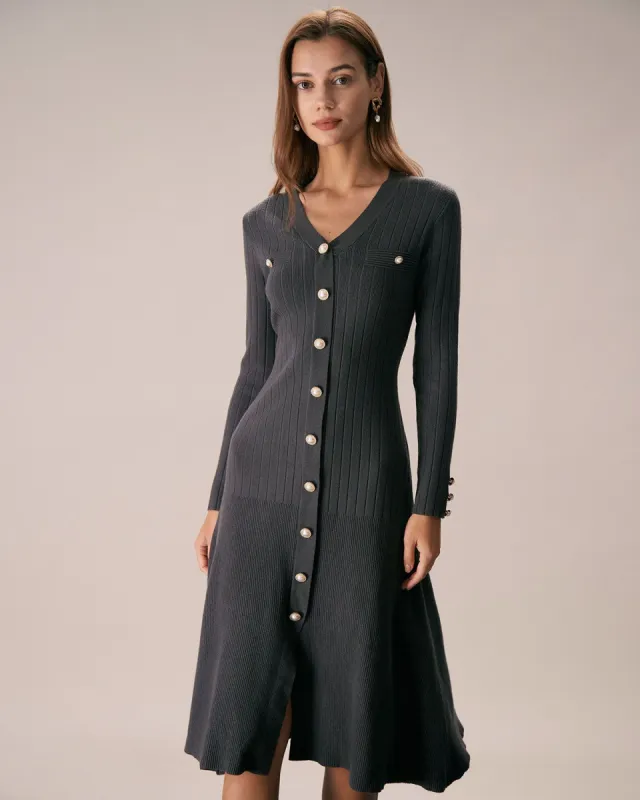 The Dark Grey V Neck Button A-Line Midi Dress sold by rihoas