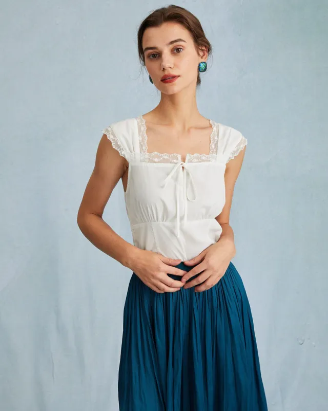 The White Sleeveless Ruched Lace Trim Tank Top sold by rihoas