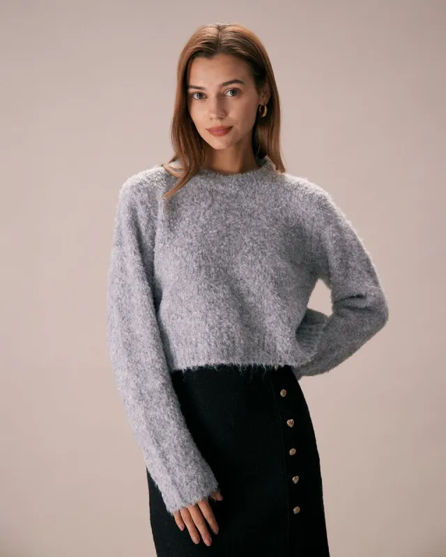 The Grey Round Neck Drop Shoulder Knit Top sold by rihoas