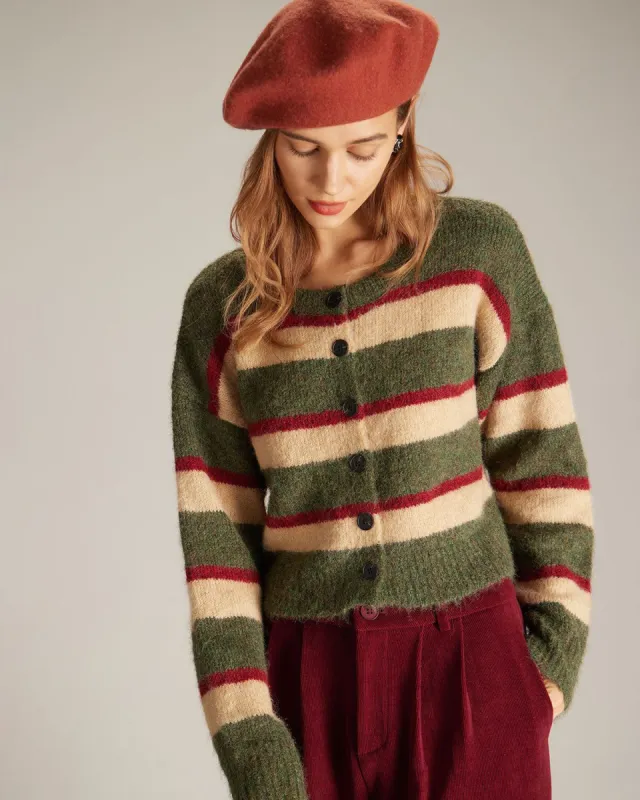 The Green Crew Neck Striped Button Sweater sold by rihoas