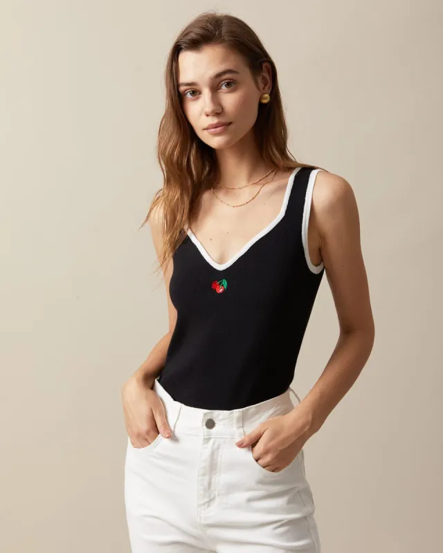 The Black V Neck Cherry Embroidered Tank Top sold by rihoas