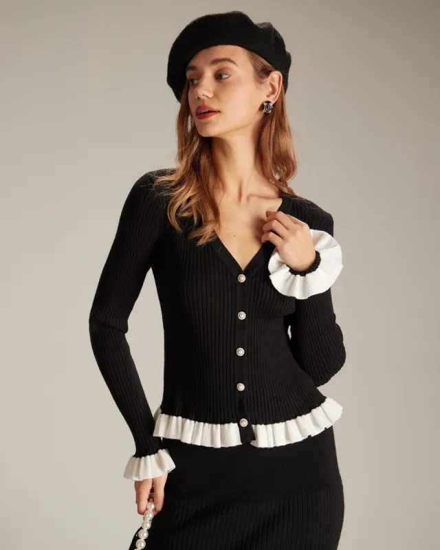 The Black V Neck Contrast Trim Ruffle Cardigan sold by rihoas