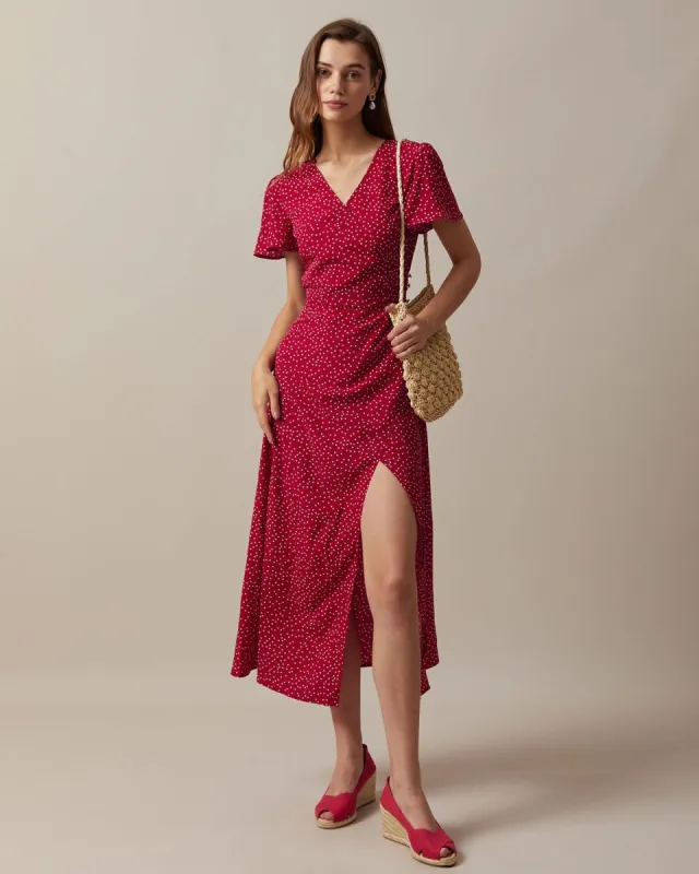 The Red V Neck Polka Dot Ruched Slit Maxi Dress sold by rihoas