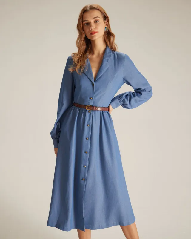 The Blue Lapel Single Breasted Midi Dress sold by rihoas