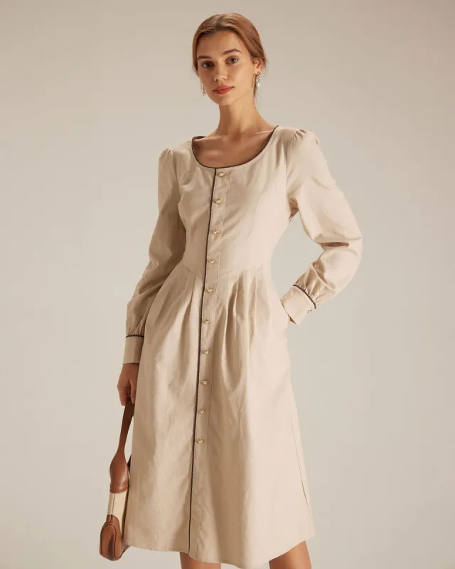 The Khaki Single Breasted A-Line Midi Dress sold by rihoas