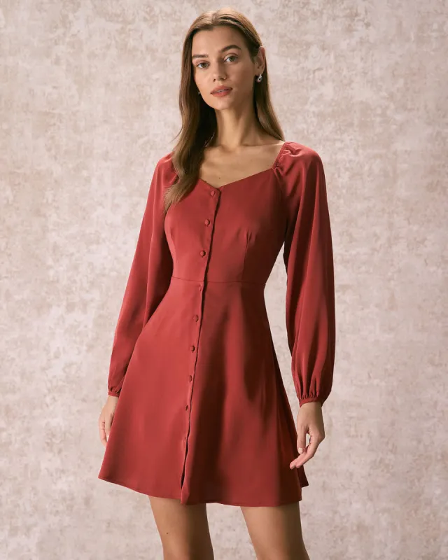 The Brick Red V Neck Button Mini Dress sold by rihoas