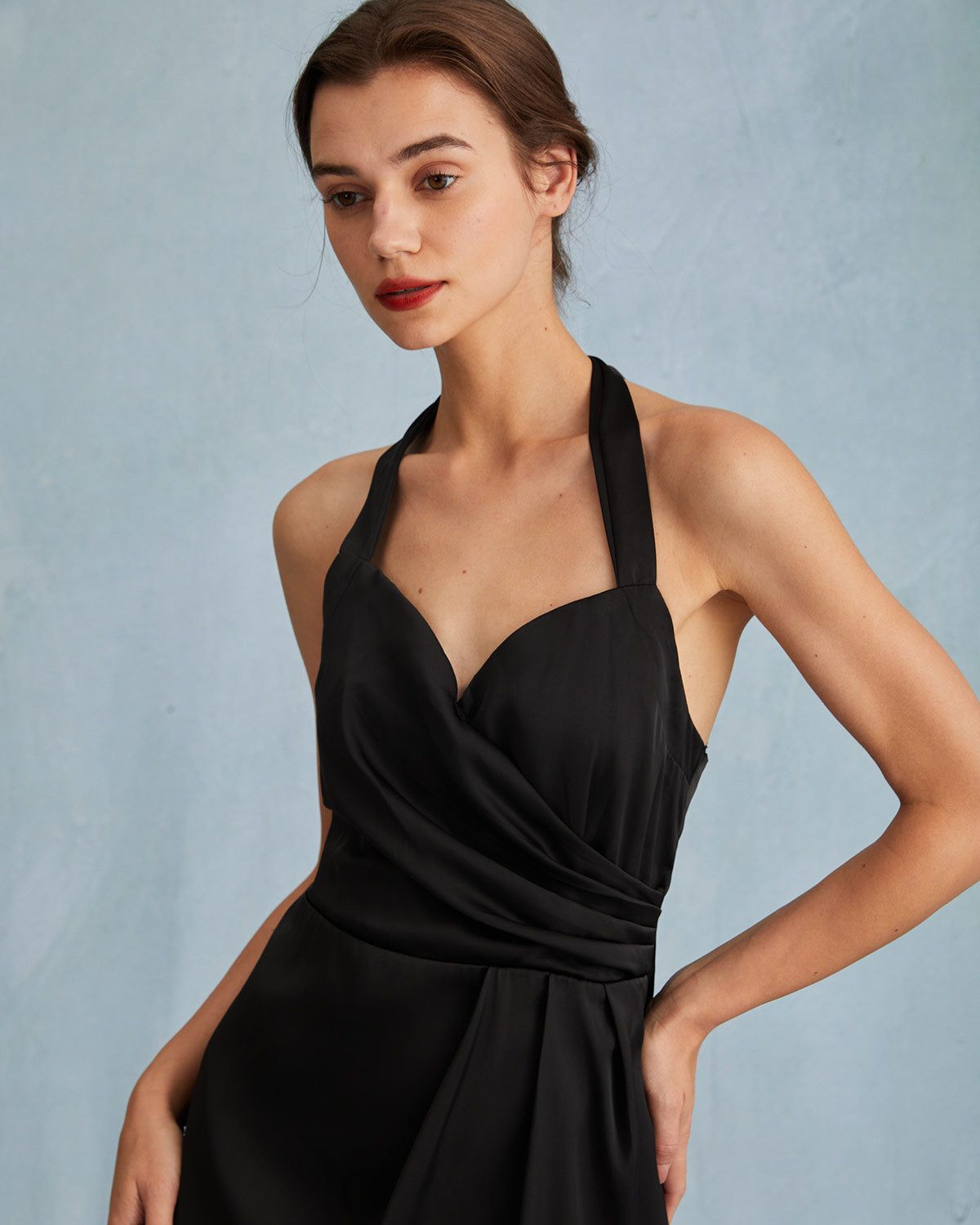 The Black Halter Wrap Satin Midi Dress sold by rihoas product image thumbnail 2