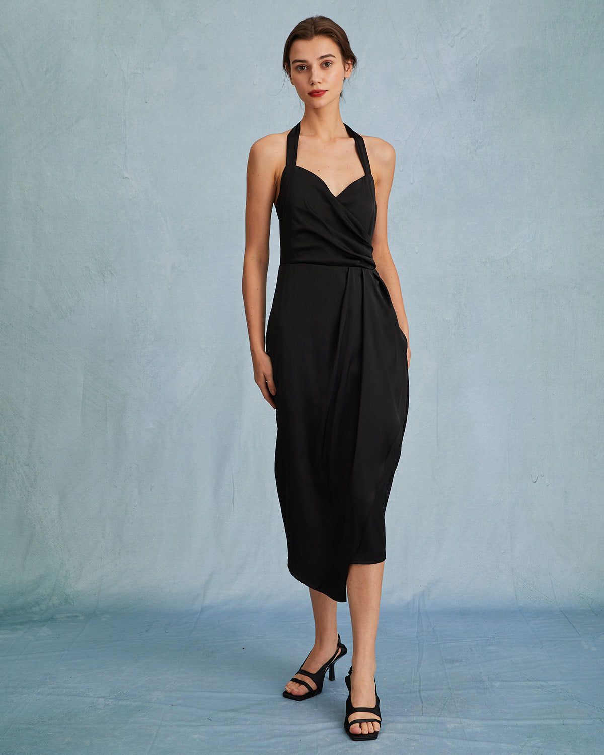 The Black Halter Wrap Satin Midi Dress sold by rihoas product image thumbnail 4