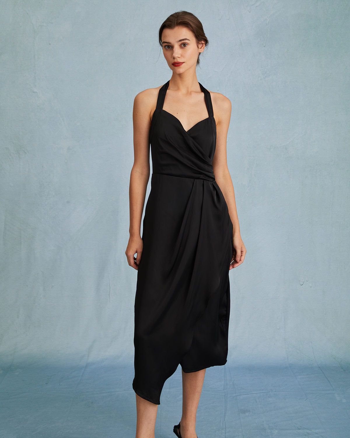 The Black Halter Wrap Satin Midi Dress sold by rihoas product image thumbnail 3