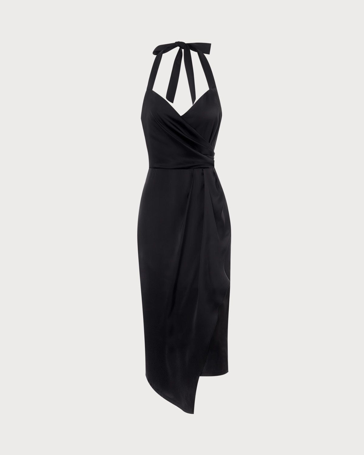 The Black Halter Wrap Satin Midi Dress sold by rihoas
