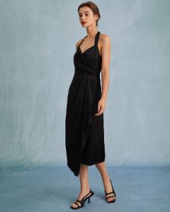 The Black Halter Wrap Satin Midi Dress sold by rihoas