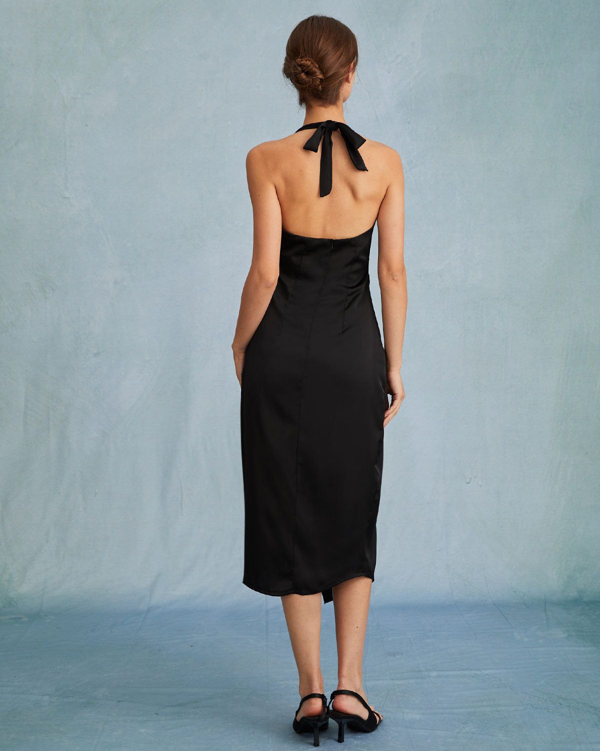 The Black Halter Wrap Satin Midi Dress sold by rihoas product image thumbnail 6