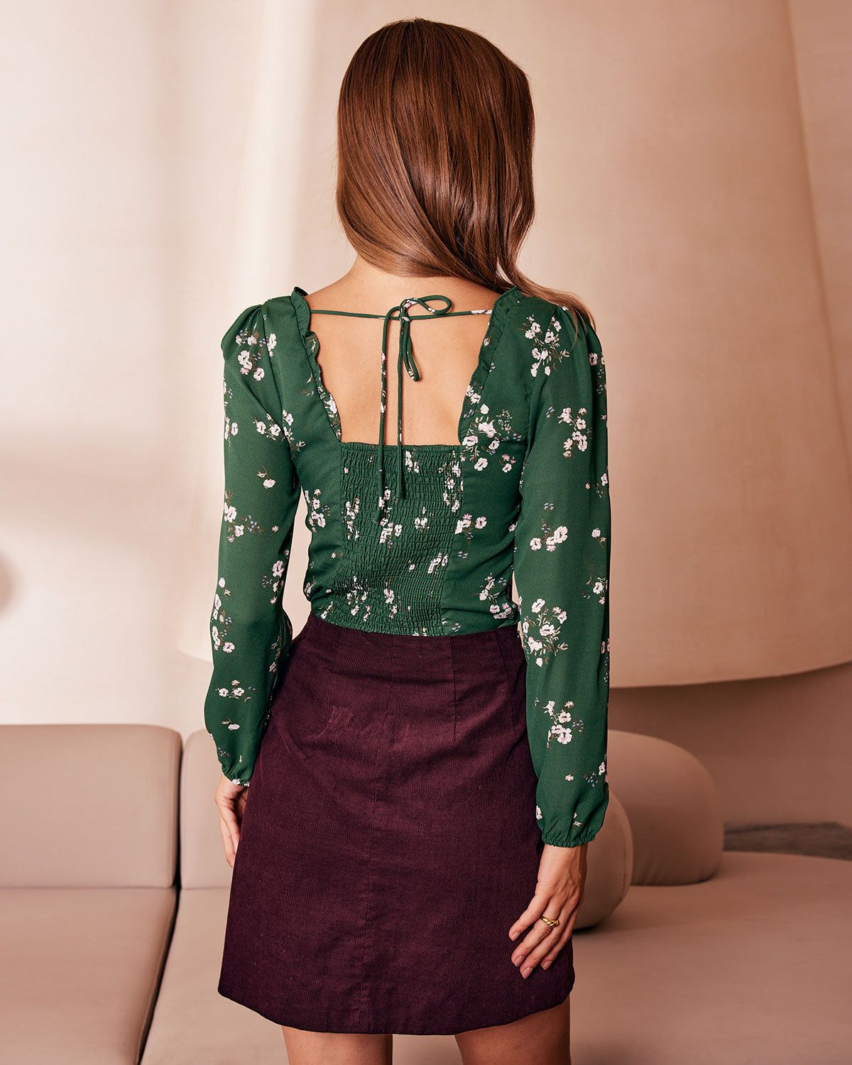 The Green Floral Shirred Lantern Sleeve Blouse sold by rihoas product image thumbnail 5