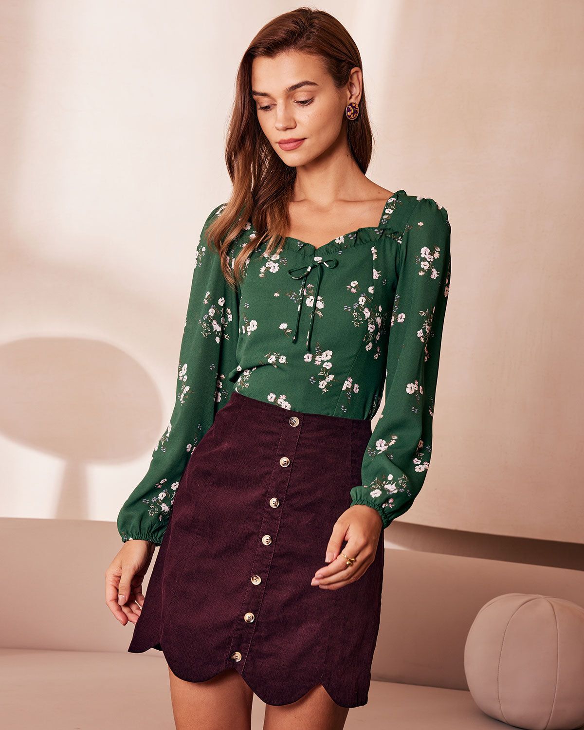 The Green Floral Shirred Lantern Sleeve Blouse sold by rihoas