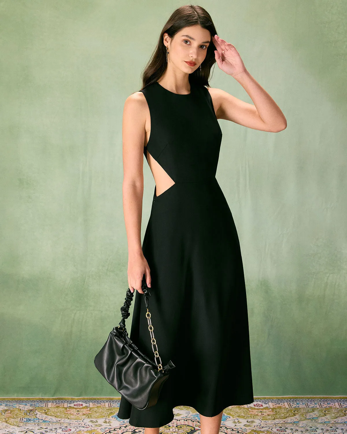 The Black Round Neck Cut-Out Midi Dress sold by rihoas product image thumbnail 2
