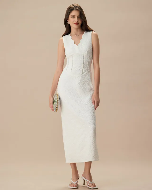 Women's White V-Neck Jacquard Maxi Dress sold by rihoas