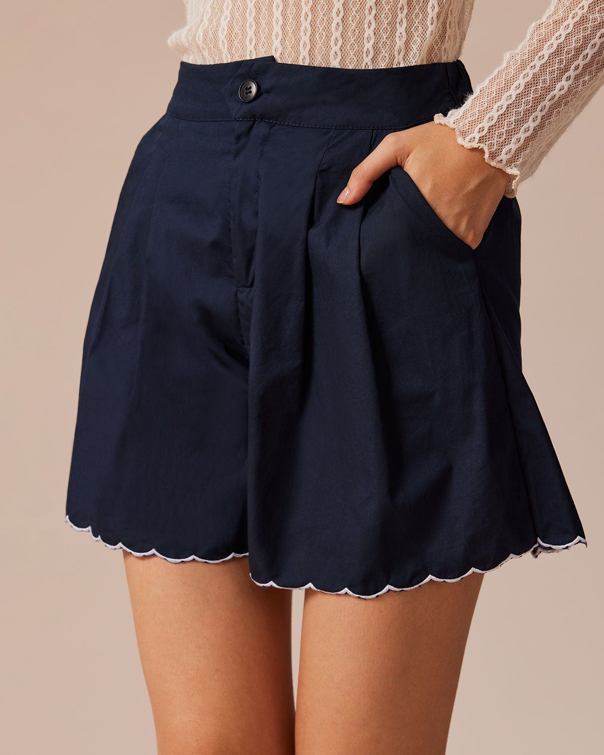 The Navy Embroidery Scalloped Hem Shorts sold by rihoas product image thumbnail 4