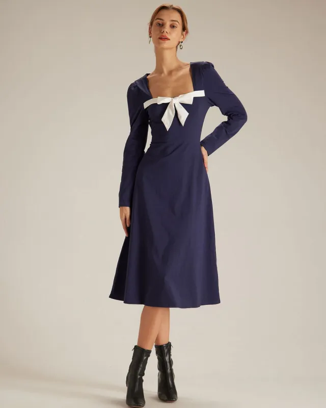 The Navy Bowknot Collar Contrast Midi Dress sold by rihoas