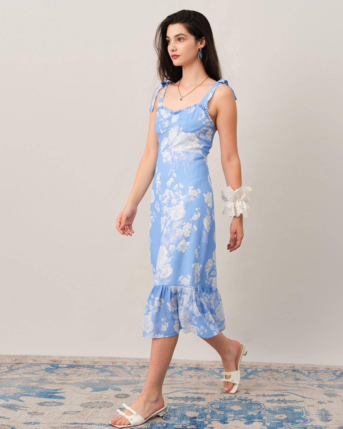 The Floral Ruffle Tie Strap Maxi Dress sold by rihoas product image thumbnail 4