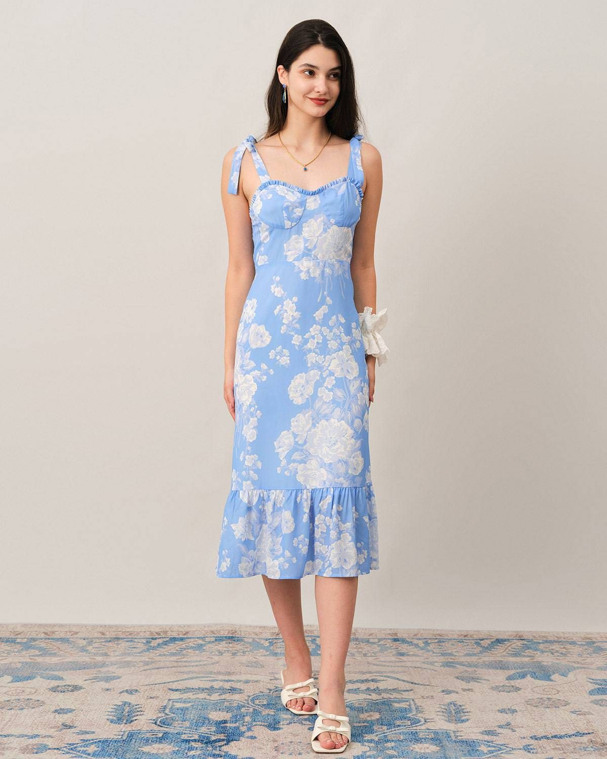The Floral Ruffle Tie Strap Maxi Dress sold by rihoas product image thumbnail 3