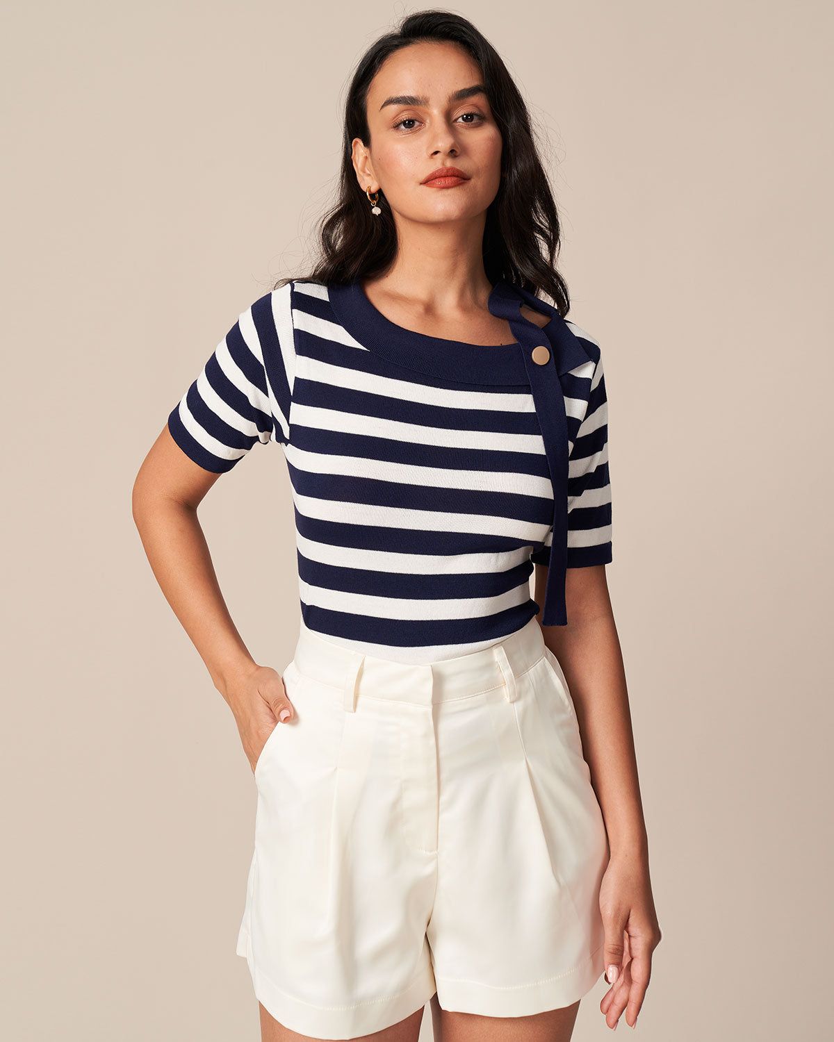 The Navy Round Neck Striped Button Knit Tee sold by rihoas