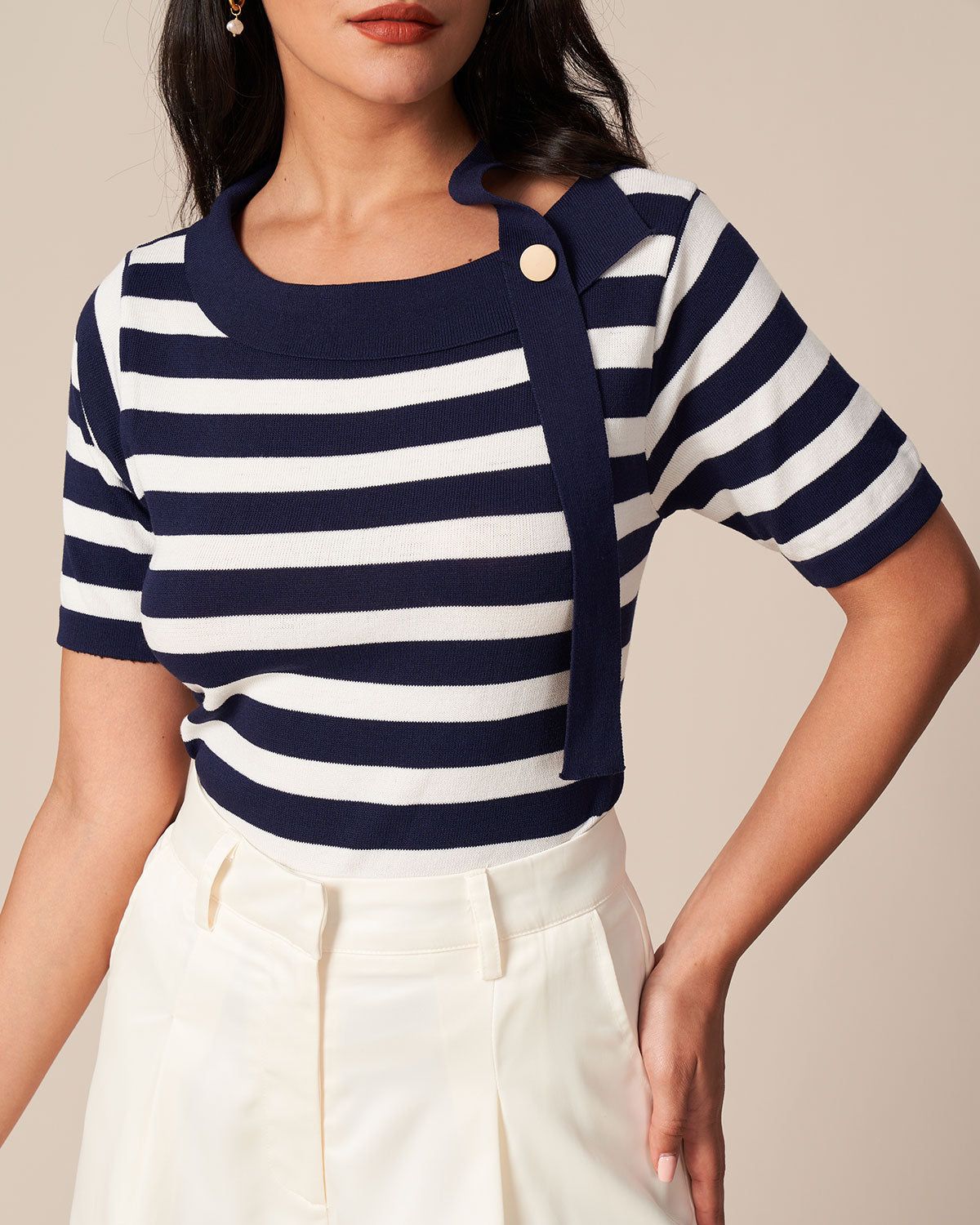 The Navy Round Neck Striped Button Knit Tee sold by rihoas product image thumbnail 3