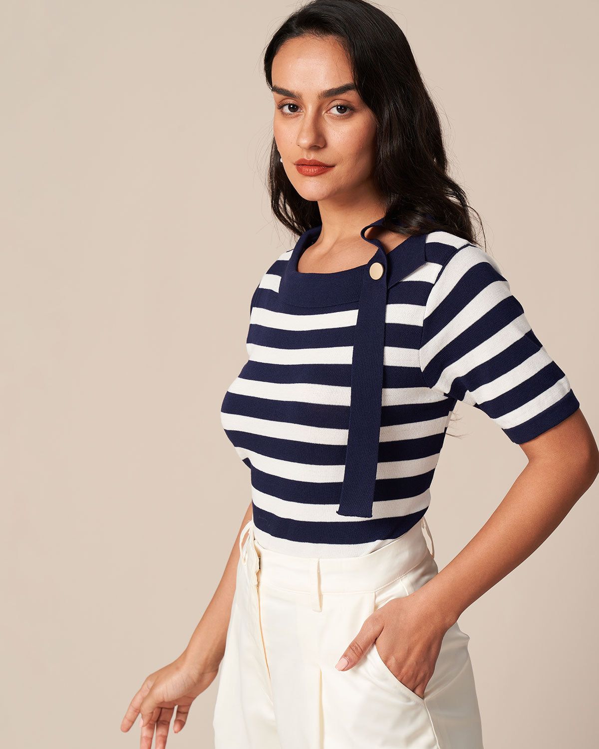 The Navy Round Neck Striped Button Knit Tee sold by rihoas product image thumbnail 4
