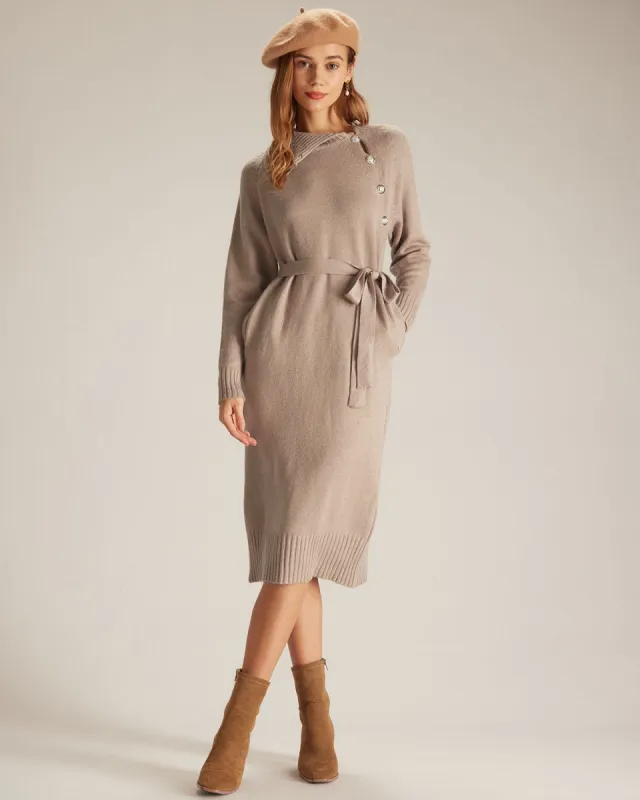 The Khaki Belted Button Sweater Midi Dress sold by rihoas