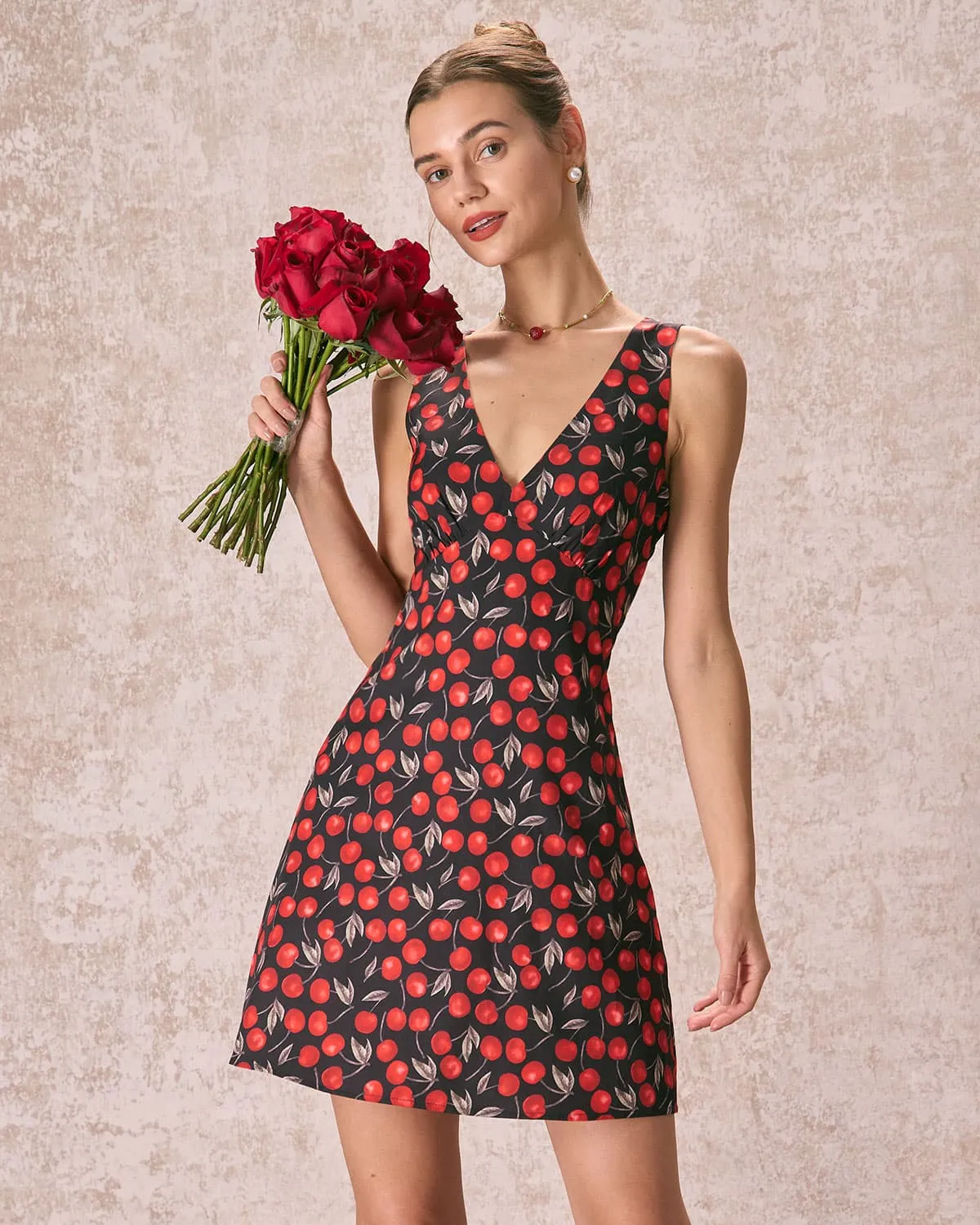 The Multi V Neck Cherry Print Mini Dress sold by rihoas product image thumbnail 5