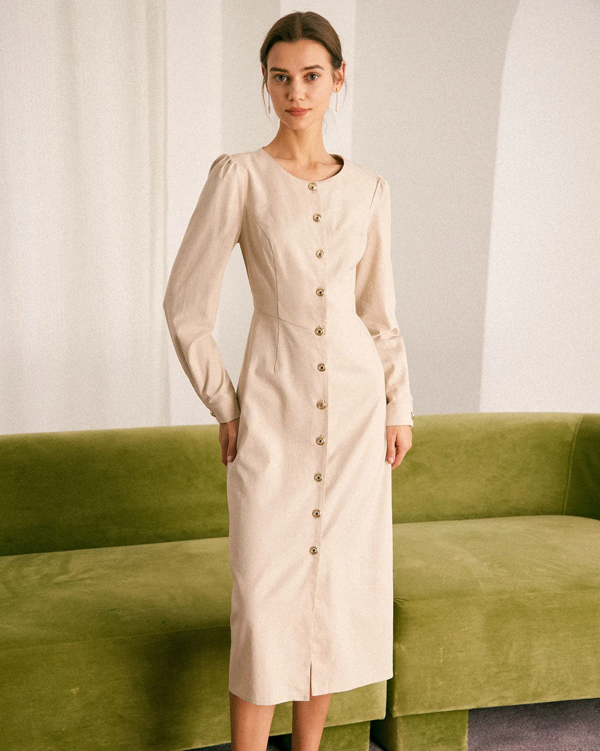 The Khaki Round Neck Button Up Midi Dress sold by rihoas