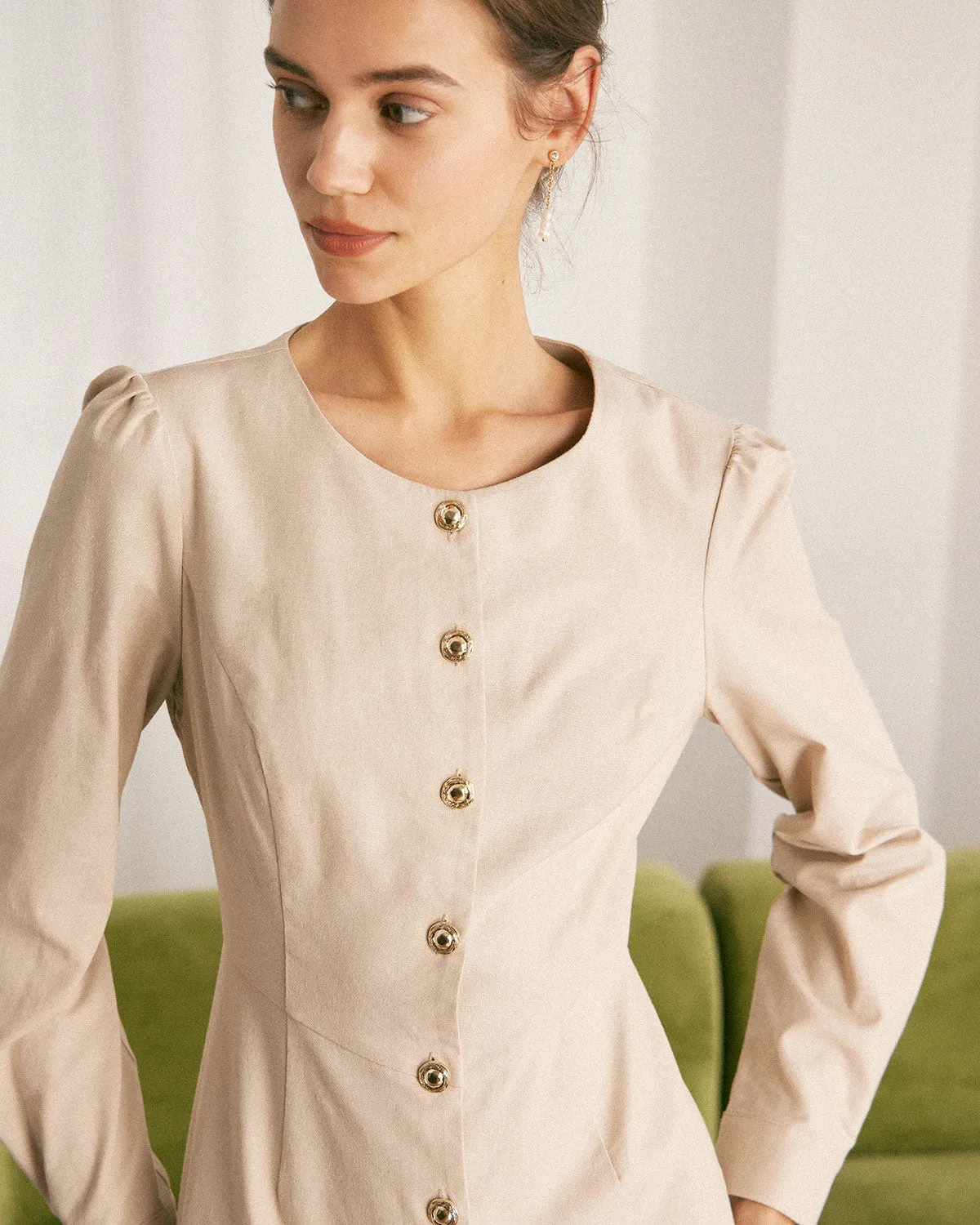 The Khaki Round Neck Button Up Midi Dress sold by rihoas product image thumbnail 2