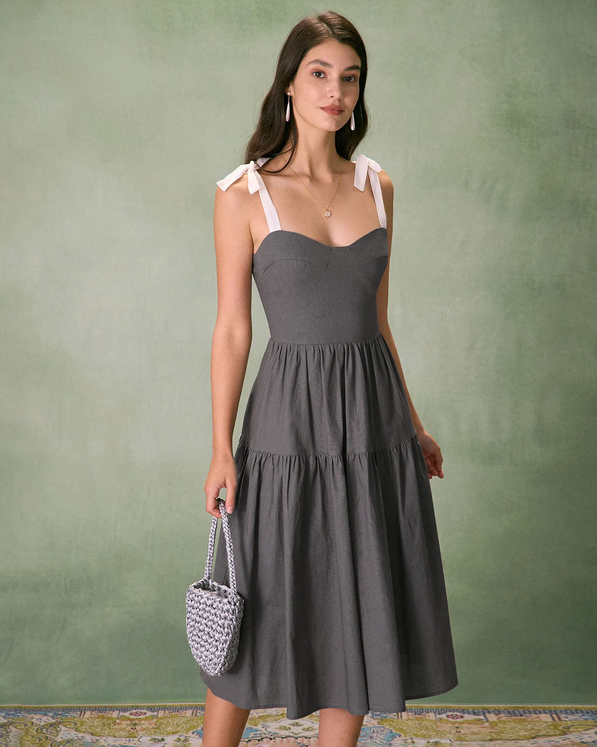 The Grey Tiered Cotton Linen Midi Dress sold by rihoas
