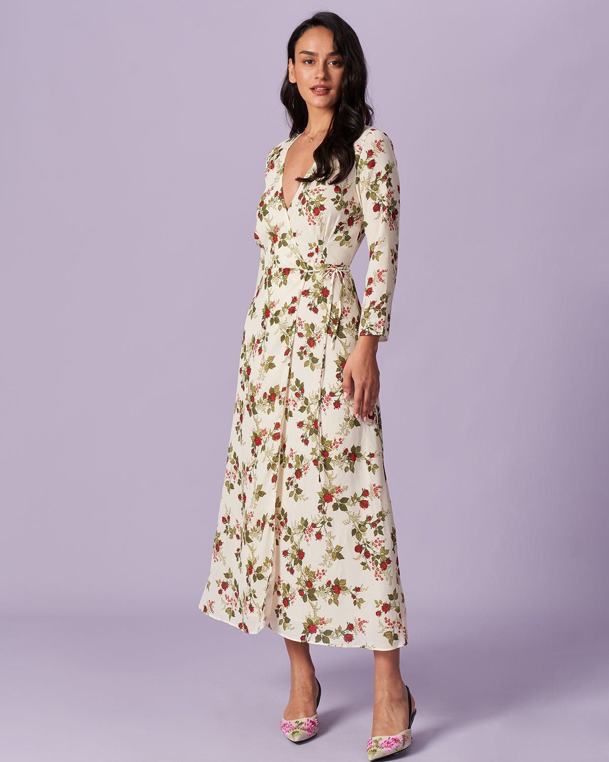 The Apricot V Neck Floral Wrap Maxi Dress sold by rihoas product image thumbnail 4