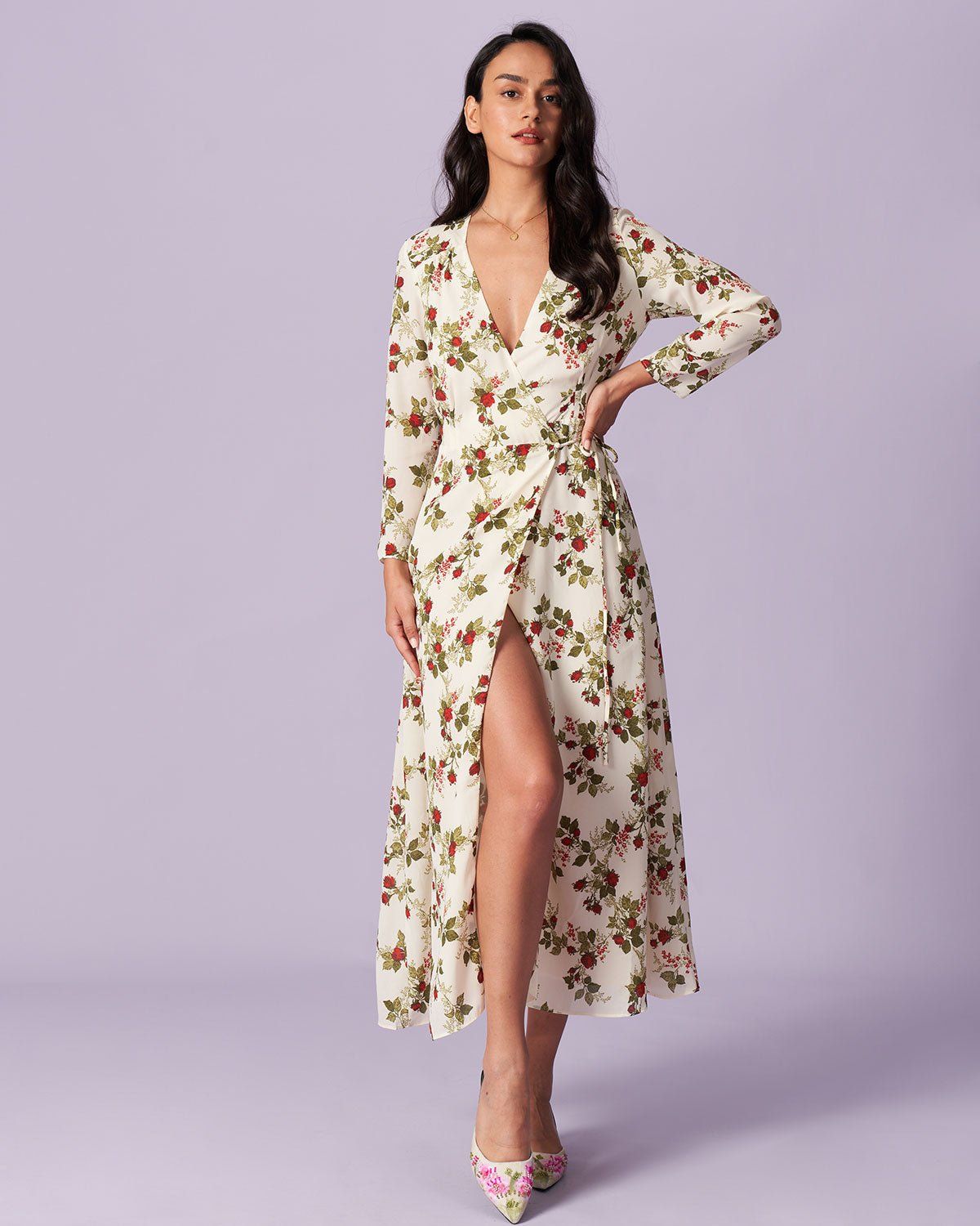 The Apricot V Neck Floral Wrap Maxi Dress sold by rihoas product image thumbnail 5