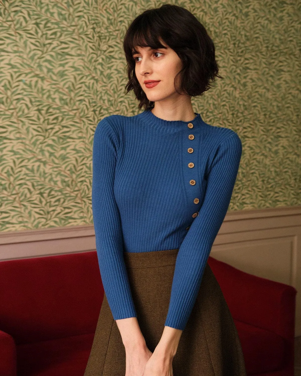 The Solid Mock Neck Ribbed Knit Top sold by rihoas