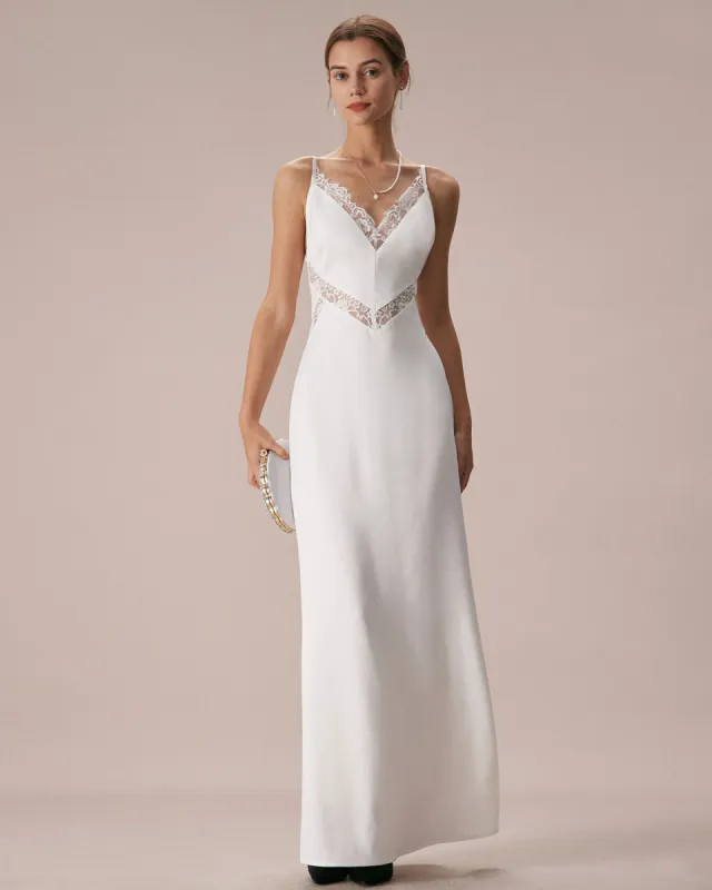 The White V Neck Lace Trim Slip Maxi Dress sold by rihoas