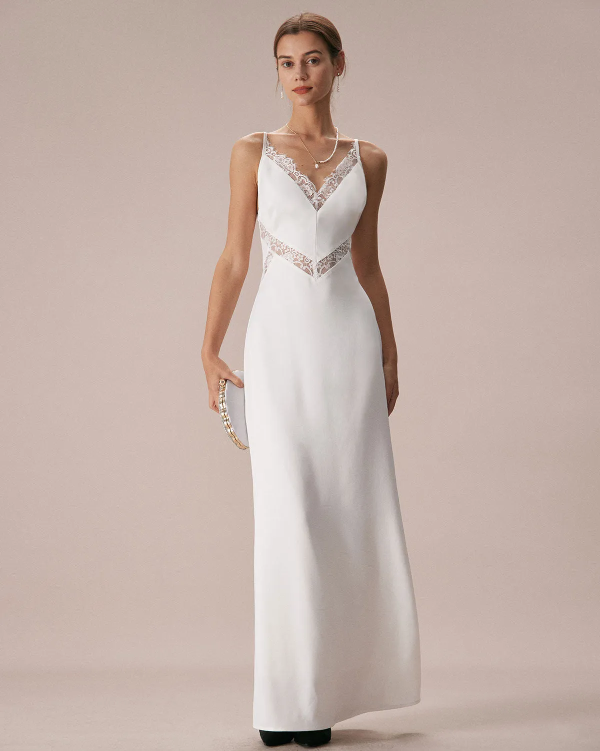 The White V Neck Lace Trim Slip Maxi Dress sold by rihoas